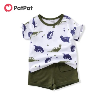 Комплект из 2 предметов для маленьких мальчиков, футболка с короткими рукавами и однотонными шортами с принтом динозавра
